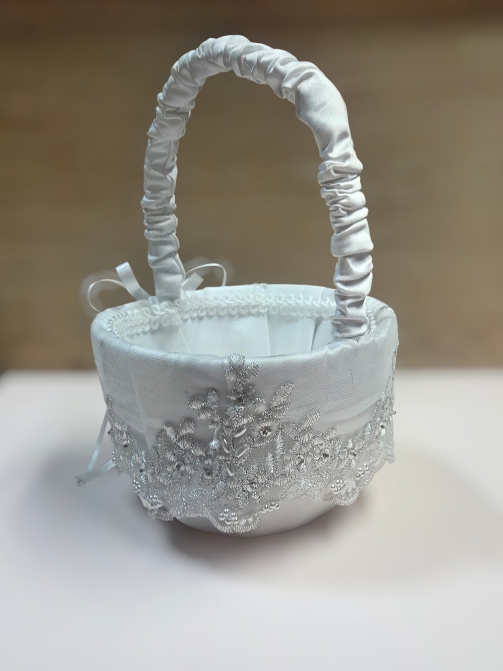 Elegant White Lace Flower Girl Basket